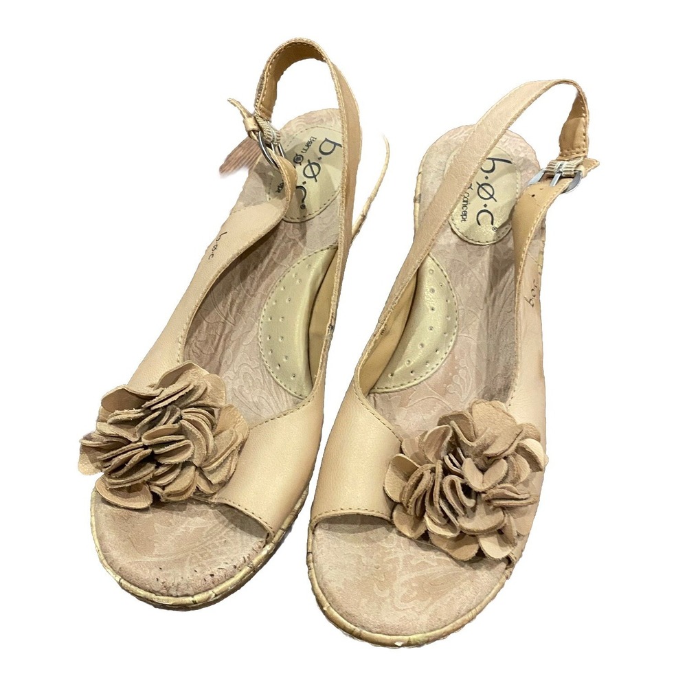 BOC BORN Tan Leather Slingback Cork Wedge Floral Champaign Open Toe 8